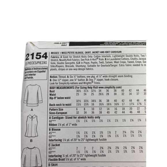 Simplicity 2154 Sewing Pattern 60s Misses' Blouse Skirt Jacket Cardigan Sz 16-24 - Picture 5 of 6